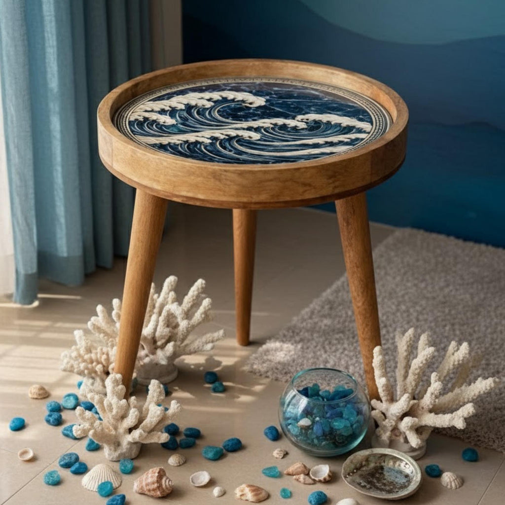 Handmade Mango Wood Side Table | Ocean Wave Art Accent Table