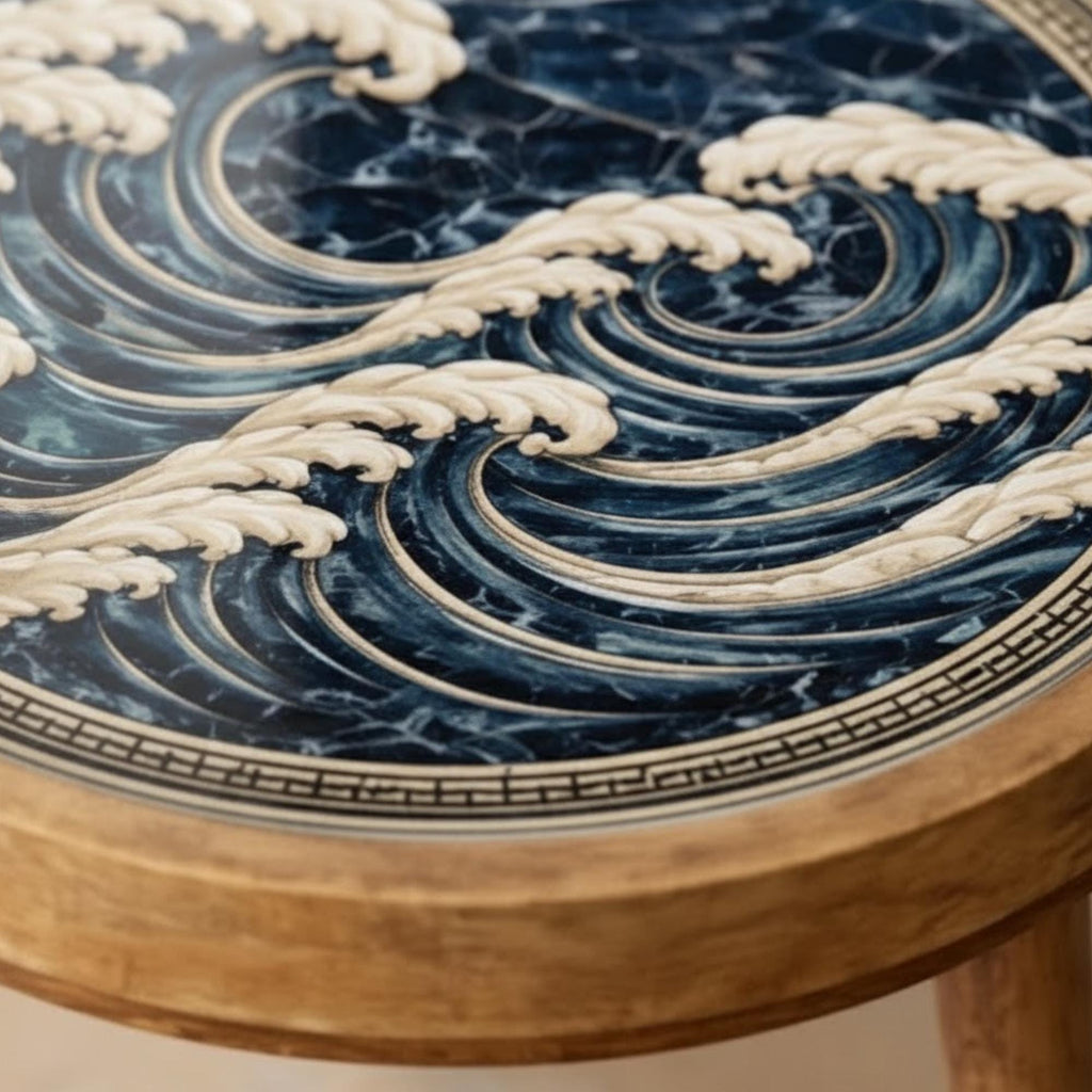 Handmade Mango Wood Side Table | Ocean Wave Art Accent Table