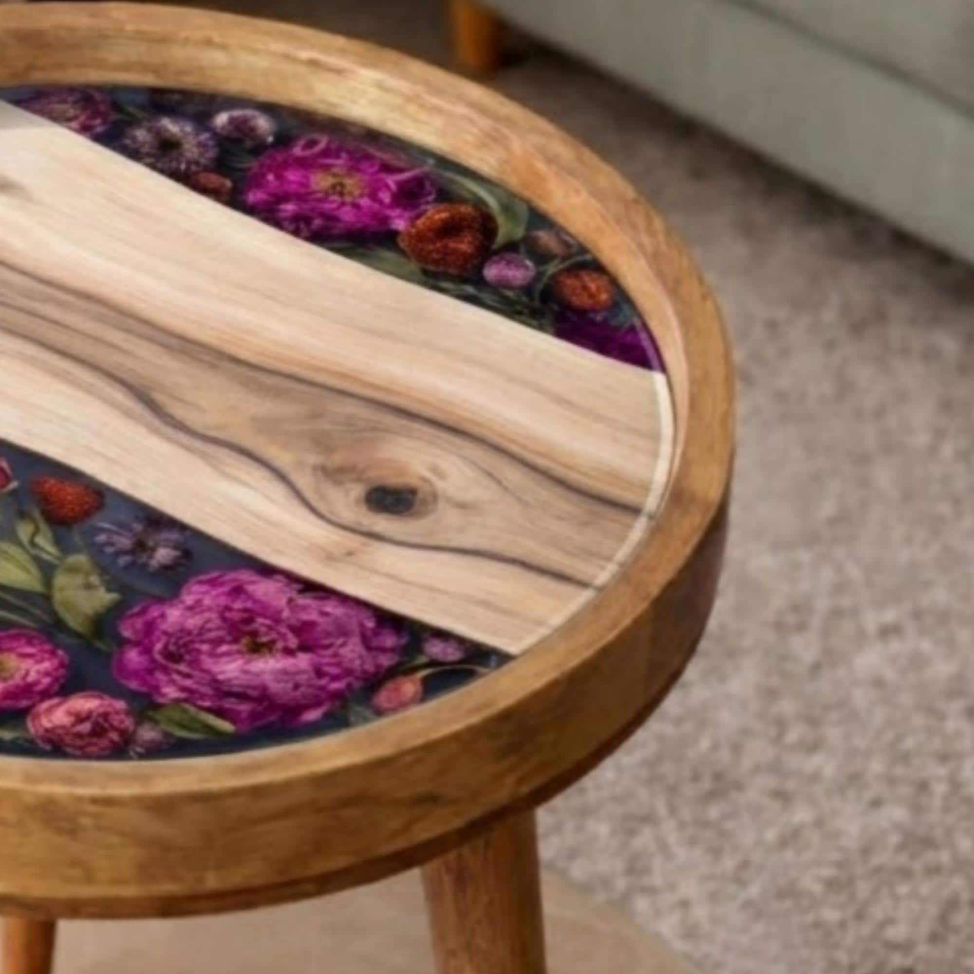 Floral Mango Wood Side Table | Handmade Round Resin Accent End Table