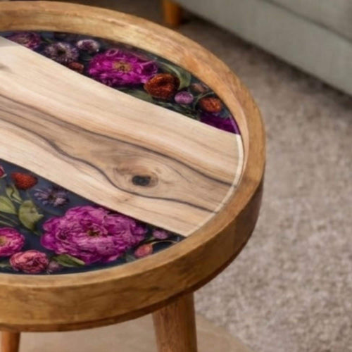 Floral Mango Wood Side Table | Handmade Round Resin Accent End Table