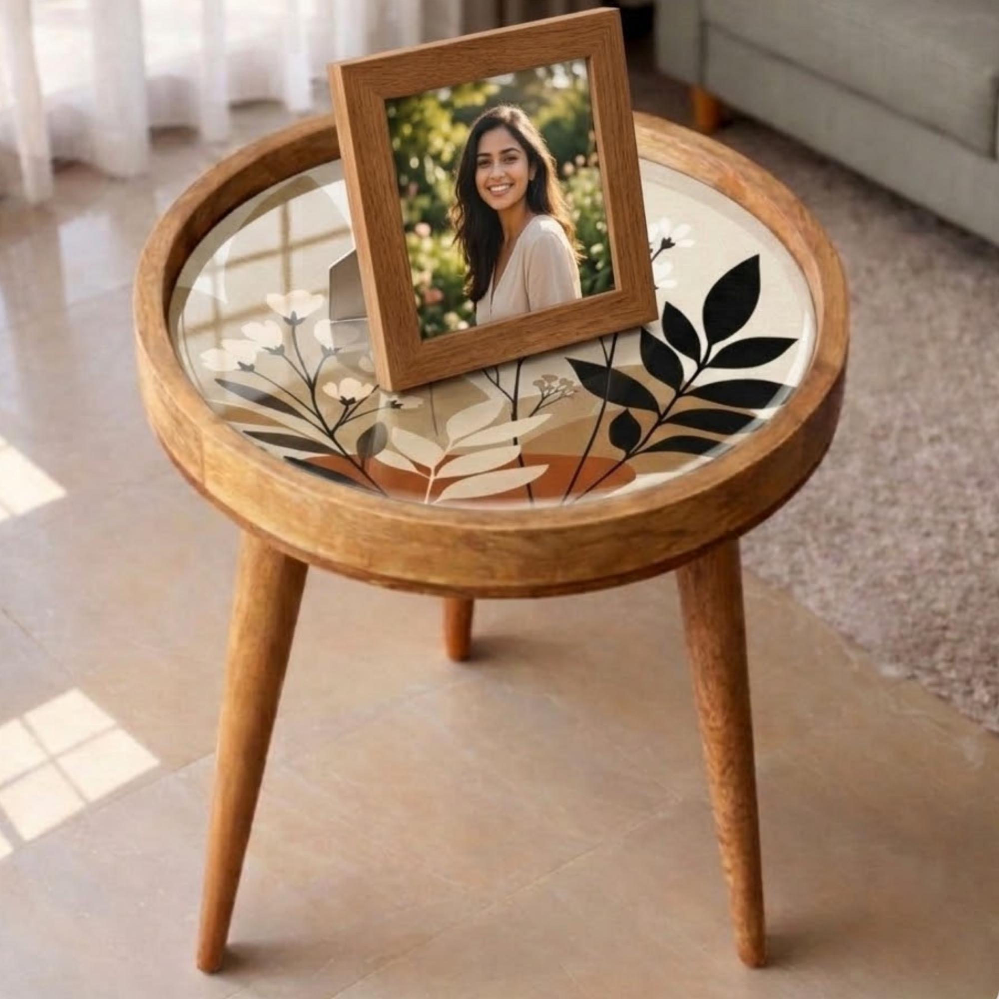 Handmade Mango Wood Side Table | Botanical Print Round Accent Boho Decor