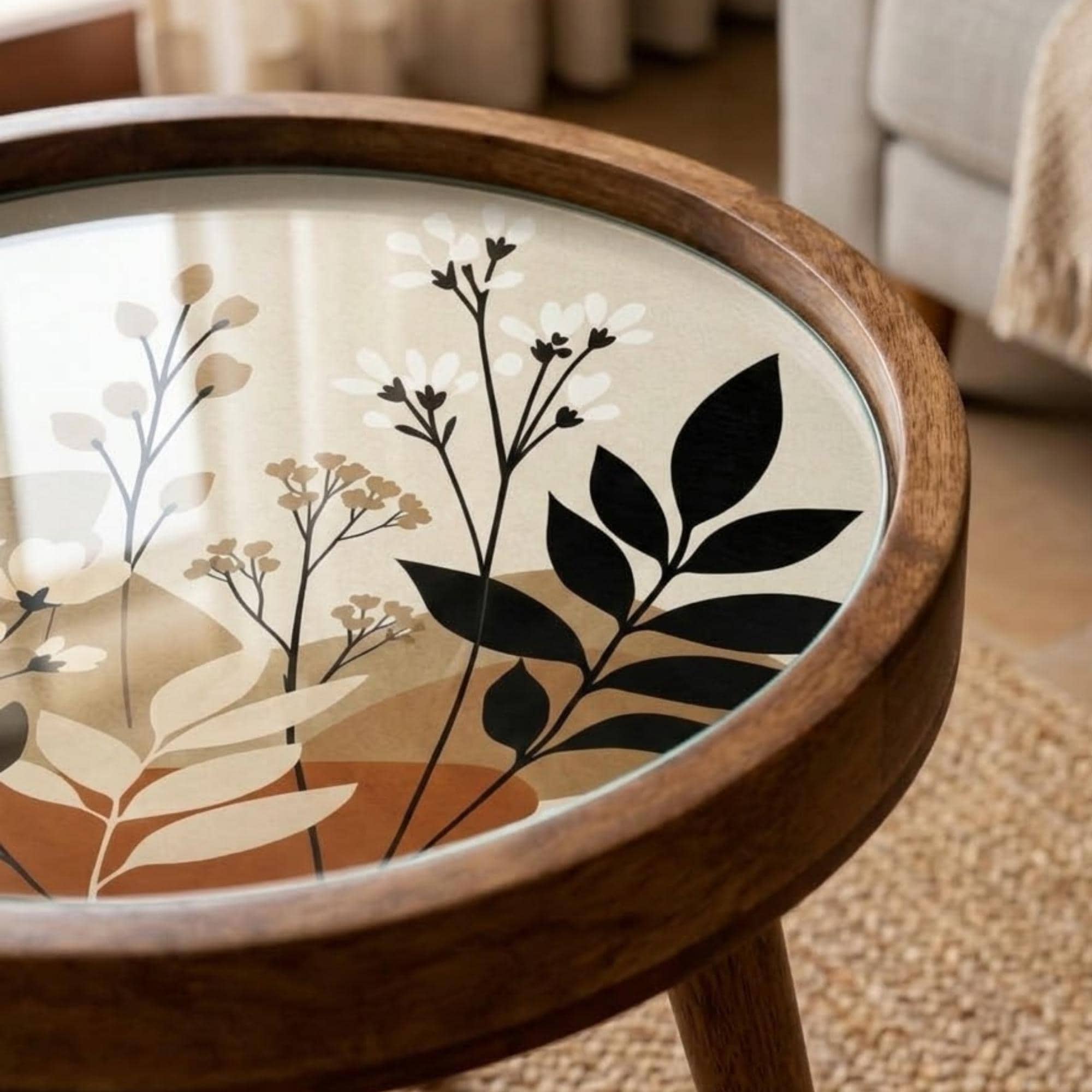 Handmade Mango Wood Side Table | Botanical Print Round Accent Boho Decor