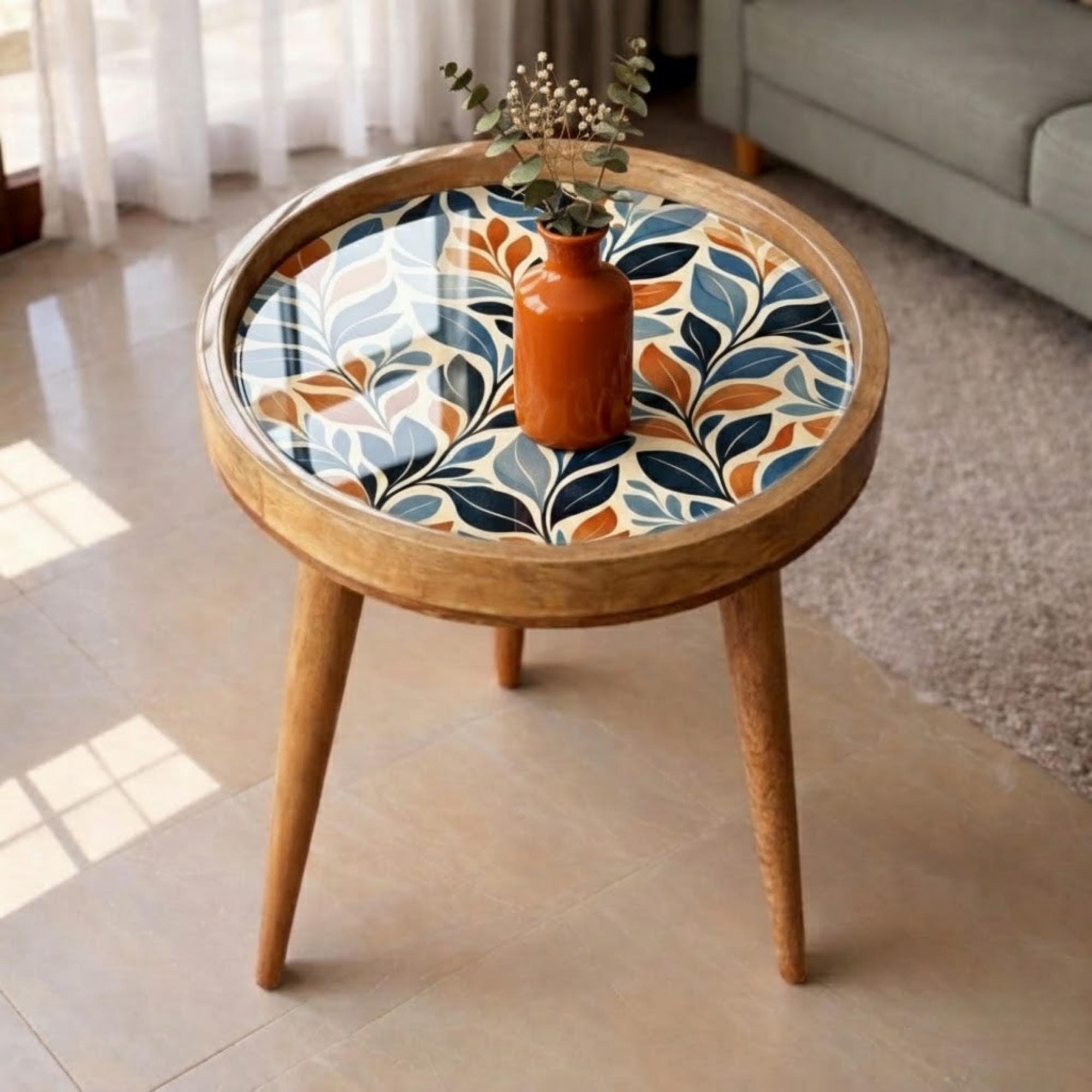 Handmade Mango Wood Side Table | Botanical Leaf Print Round Accent Table