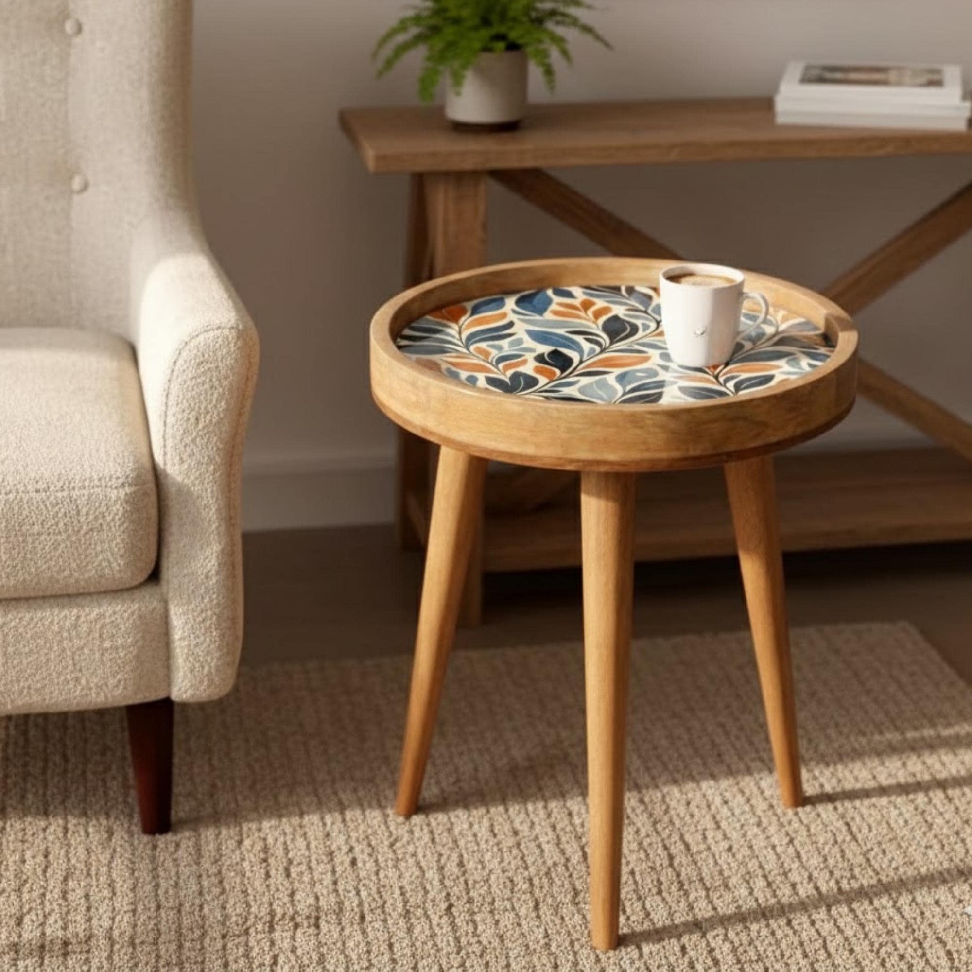 Handmade Mango Wood Side Table | Botanical Leaf Print Round Accent Table