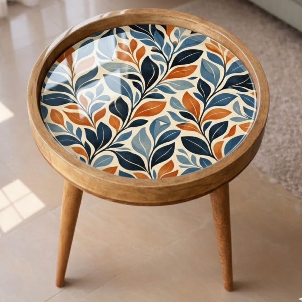Handmade Mango Wood Side Table | Botanical Leaf Print Round Accent Table