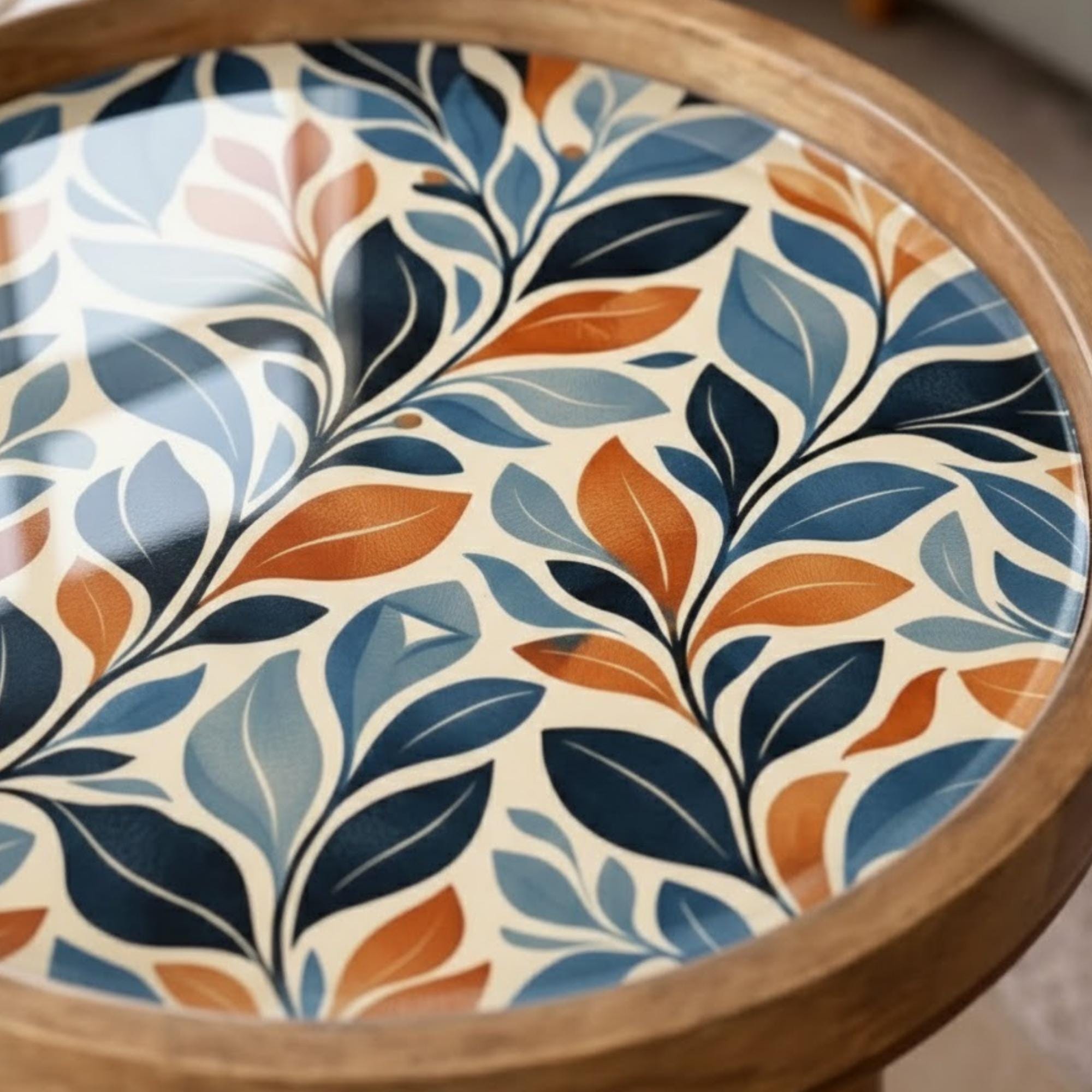 Handmade Mango Wood Side Table | Botanical Leaf Print Round Accent Table