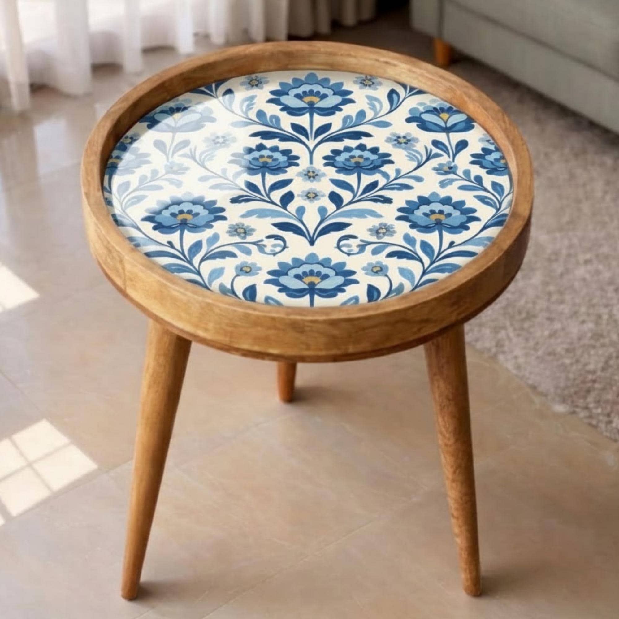 Handmade Mango Wood Side Table | Blue Floral Print, Vintage Boho Accent