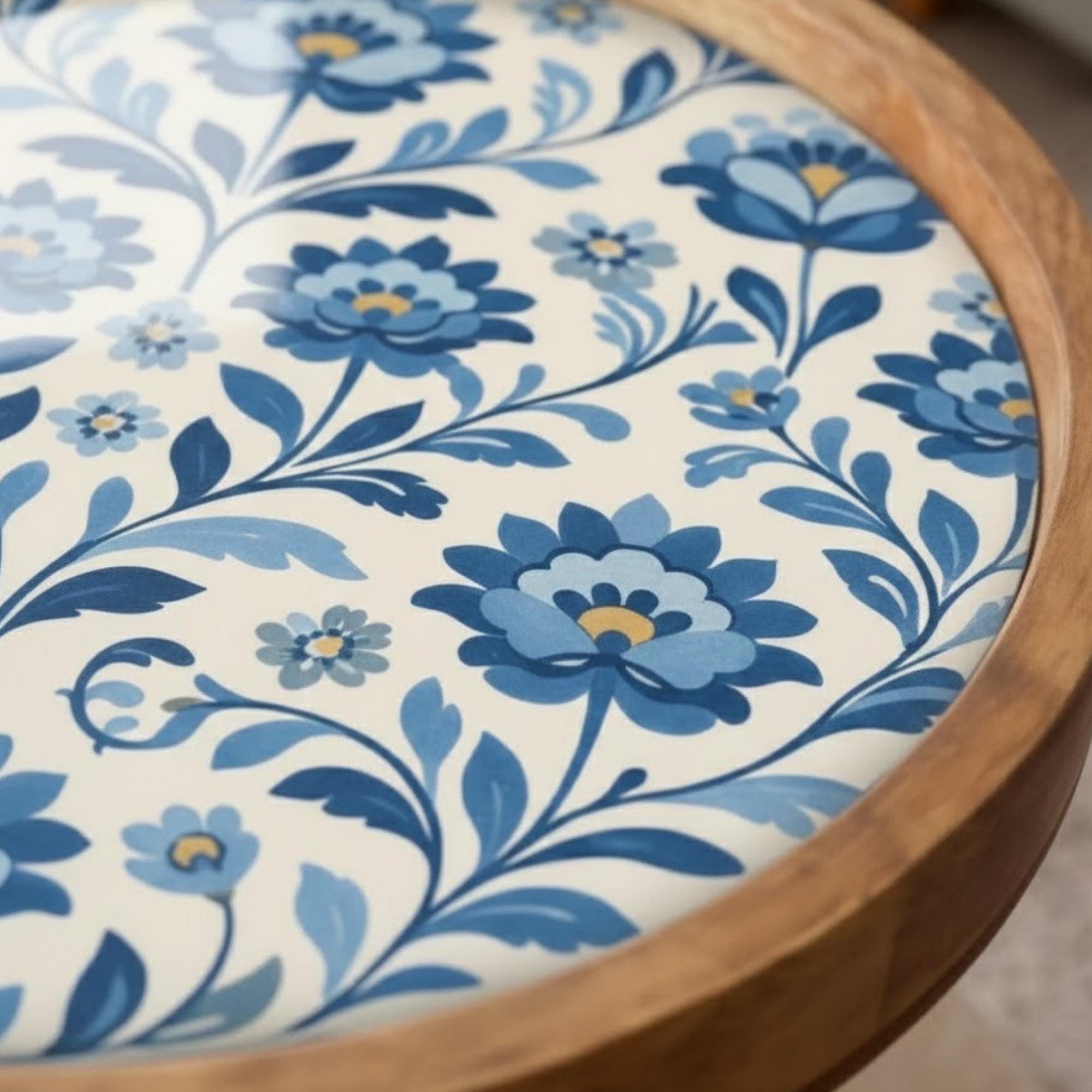 Handmade Mango Wood Side Table | Blue Floral Print, Vintage Boho Accent