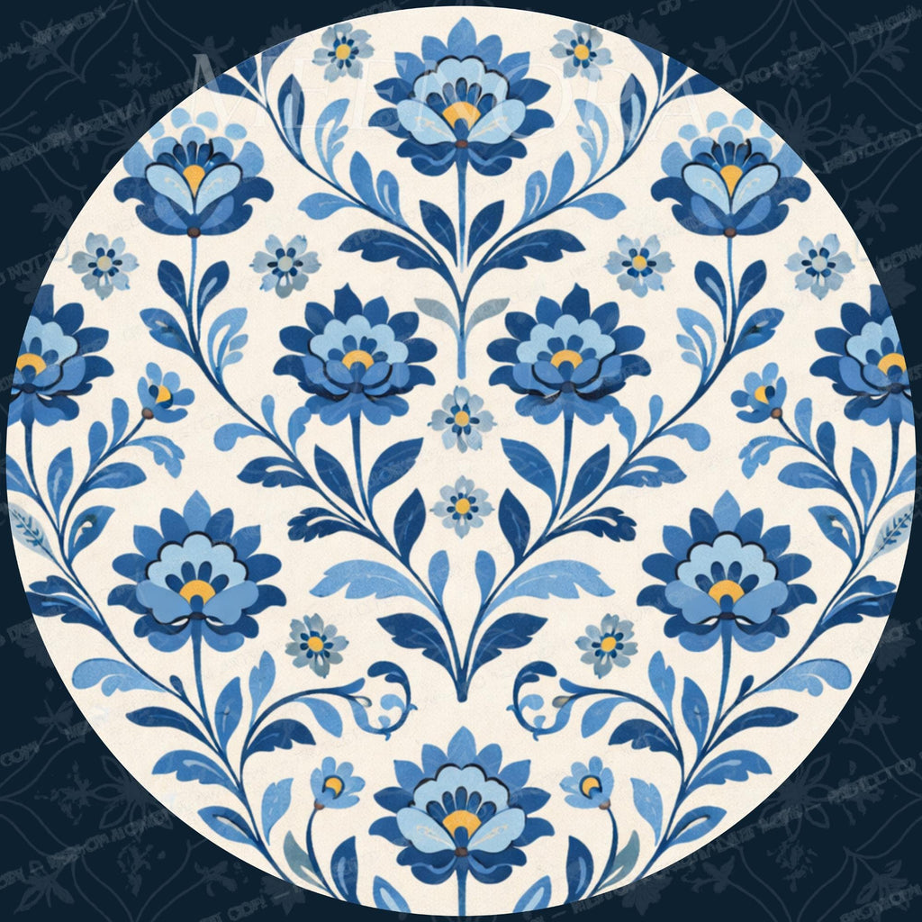 Handmade Mango Wood Side Table | Blue Floral Print, Vintage Boho Accent