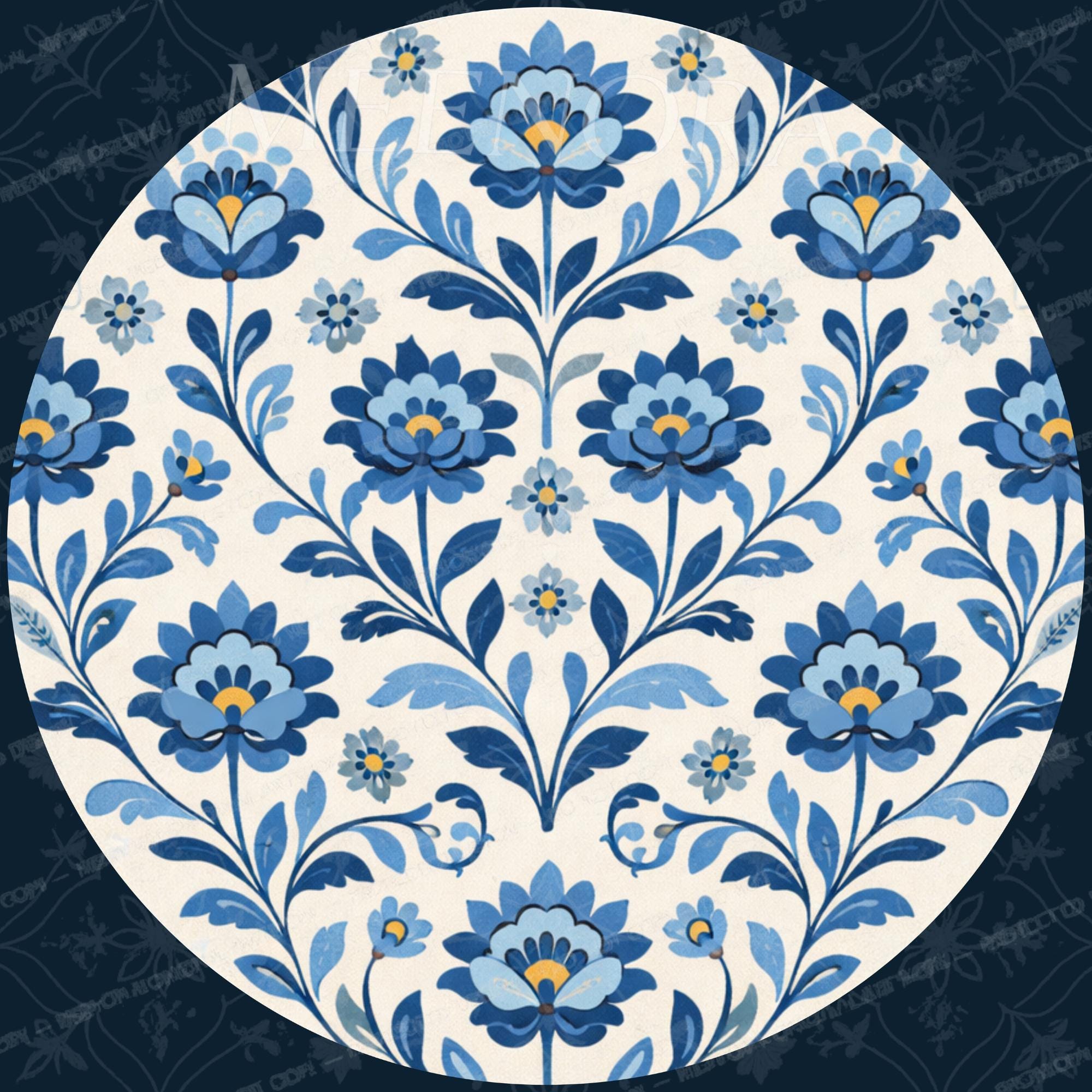 Handmade Mango Wood Side Table | Blue Floral Print, Vintage Boho Accent