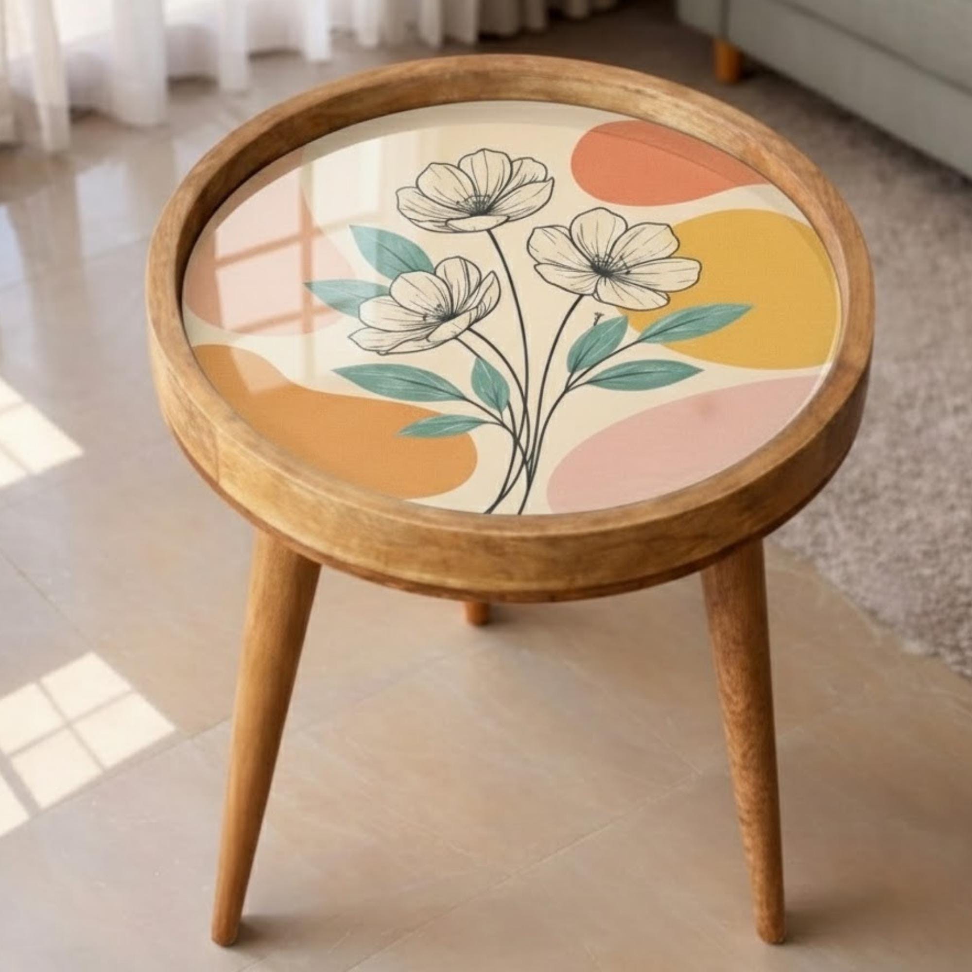 Handmade Mango Wood Side Table | Modern Floral Print Round Accent Table