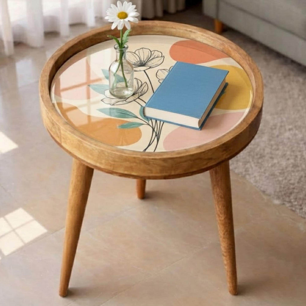 Handmade Mango Wood Side Table | Modern Floral Print Round Accent Table