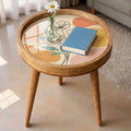 Handmade Mango Wood Side Table | Modern Floral Print Round Accent Table