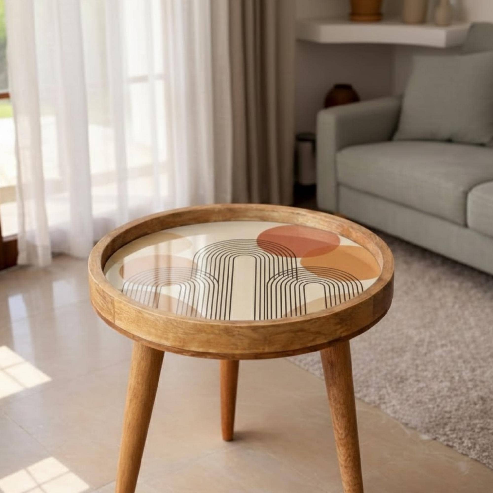 Mid Century Modern Printed Mango Wood Side Table | Retro Line Pattern Round End Table