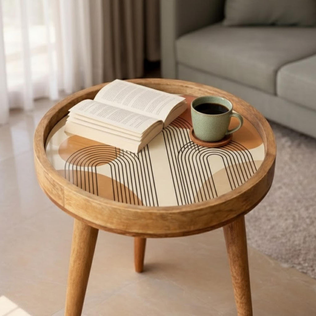 Mid Century Modern Printed Mango Wood Side Table | Retro Line Pattern Round End Table