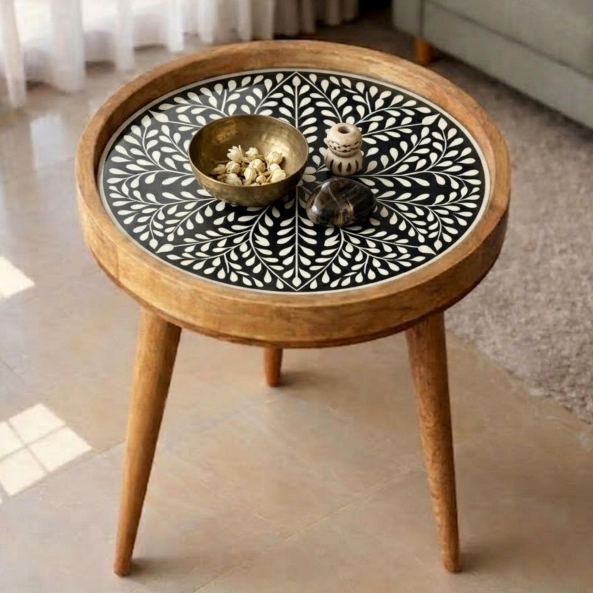 Handmade Mango Wood Side Table | Black Print Round Accent Bedside Furniture