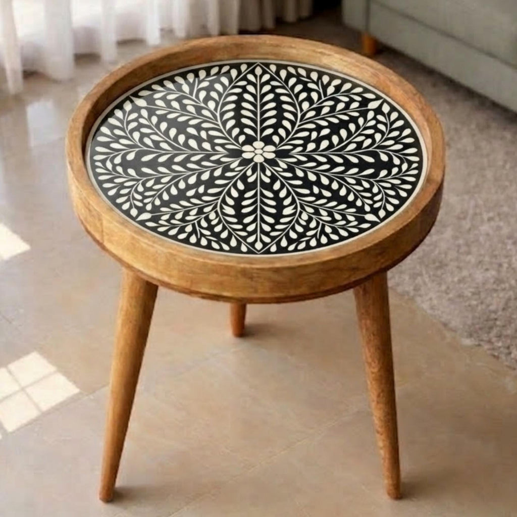 Handmade Mango Wood Side Table | Black Print Round Accent Bedside Furniture