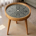 Handmade Mango Wood Side Table | Black Print Round Accent Bedside Furniture