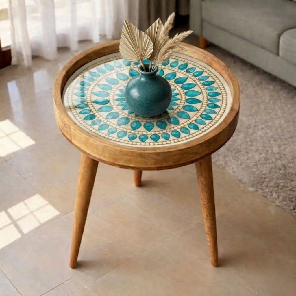 Handmade Turquoise Printed Mango Wood Round Side Table | Boho Accent Bedside Furniture