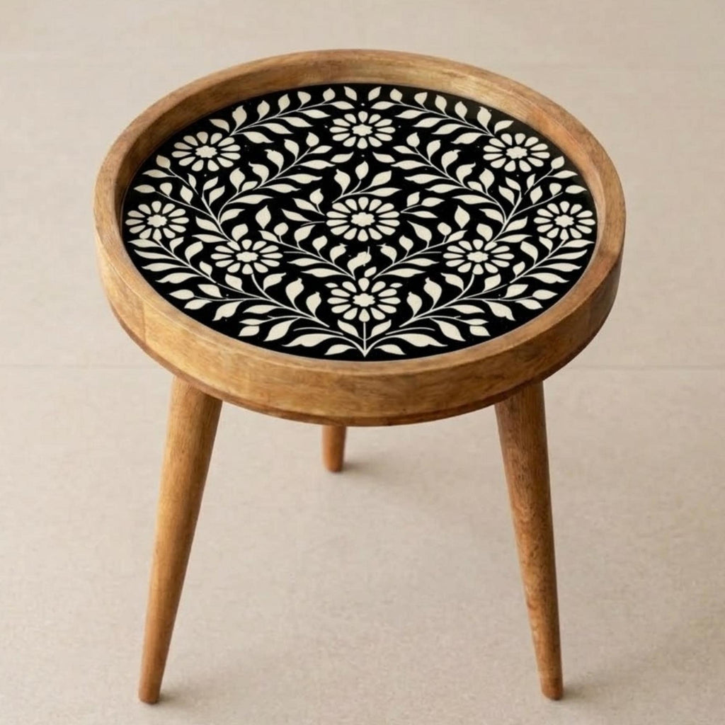 Handmade Mango Wood Side Table | Turquoise Floral Print Accent Table