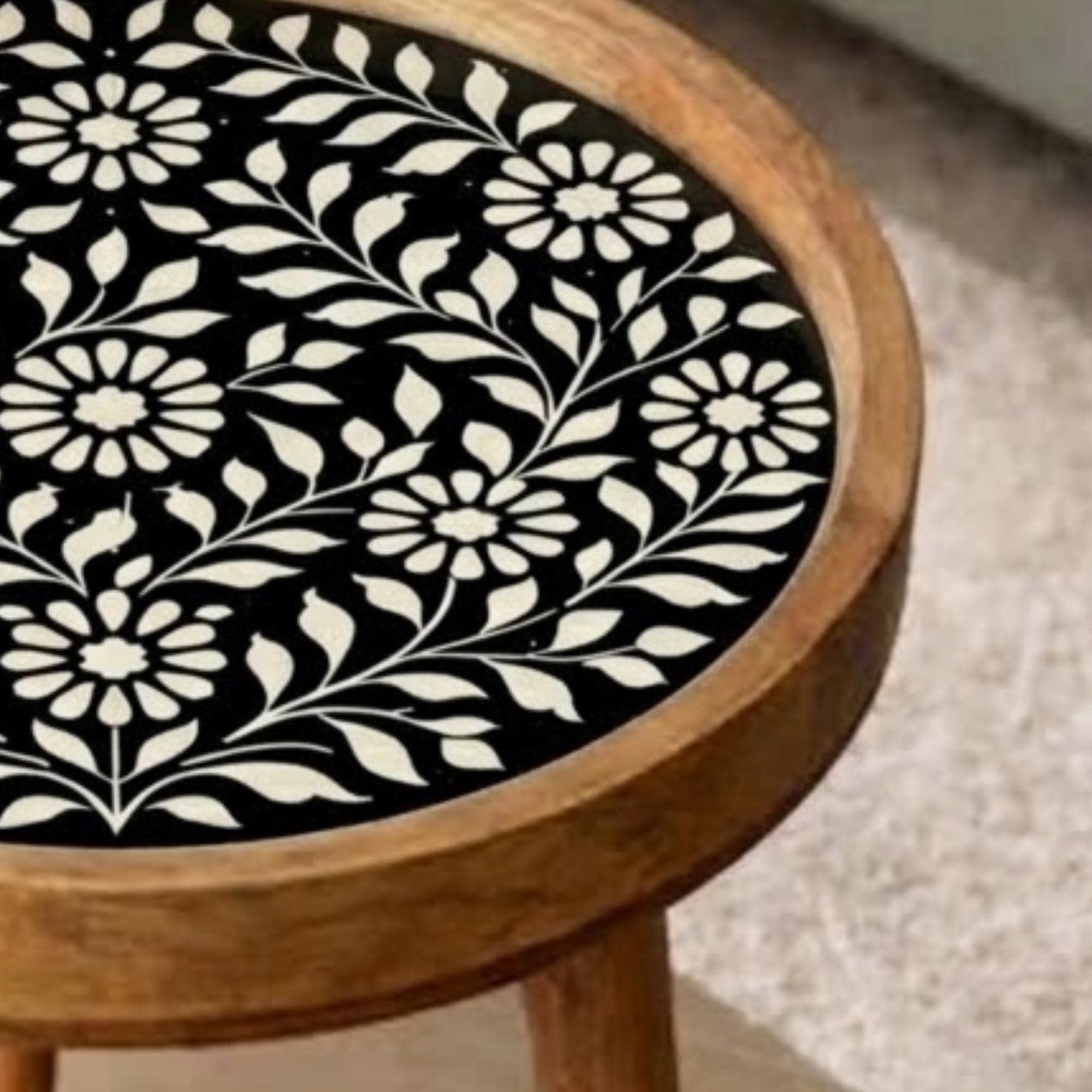 Handmade Mango Wood Side Table | Turquoise Floral Print Accent Table