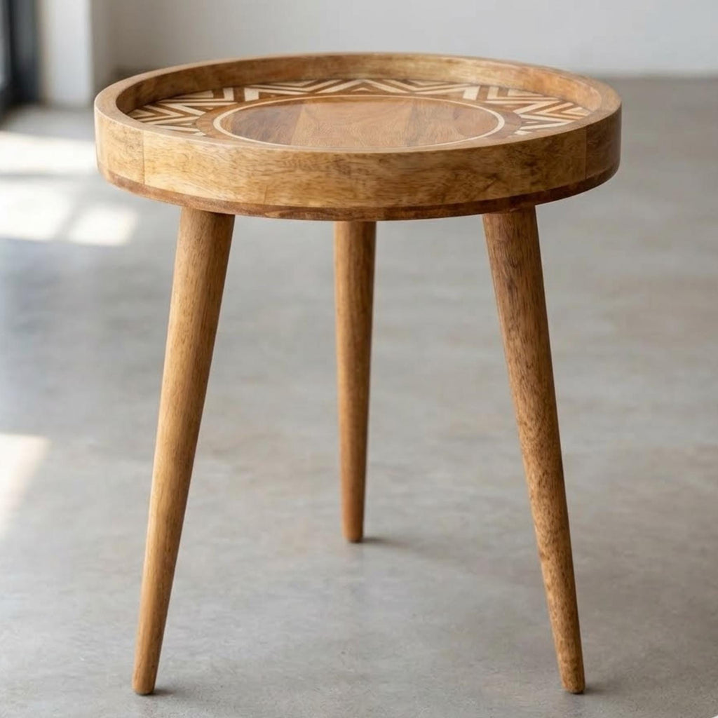 Handmade Geometric Mango Wood Side Table | Round Boho Accent Bedside Furniture