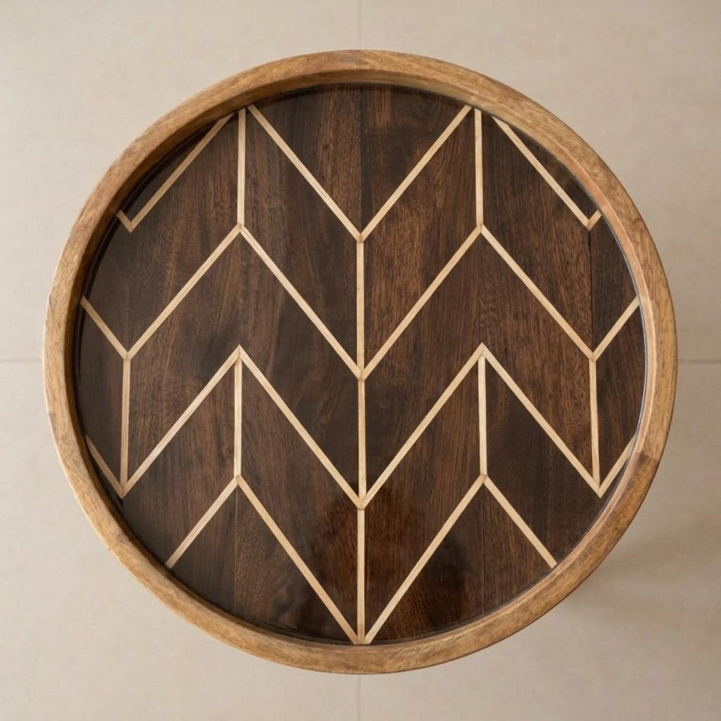 Handmade Geometric Mango Wood Side Table | Round Modern Accent Bedside Furniture