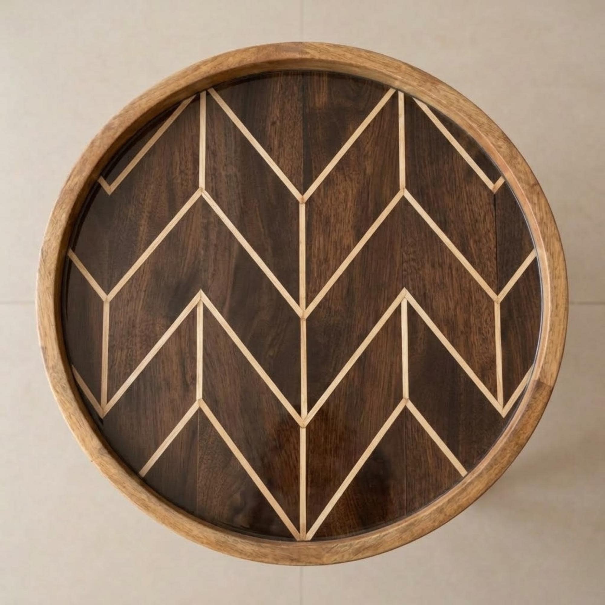 Handmade Geometric Mango Wood Side Table | Round Modern Accent Bedside Furniture