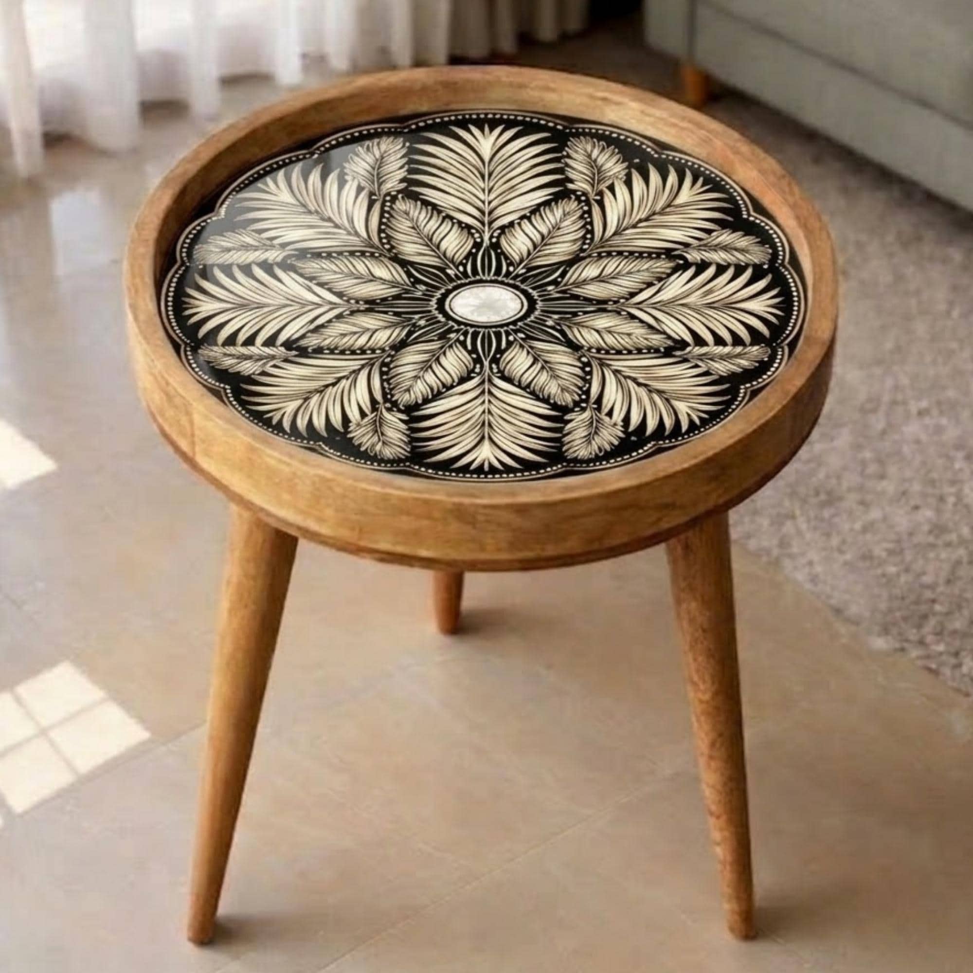 Handmade Mango Wood Side Table | Round Floral Boho Accent Table