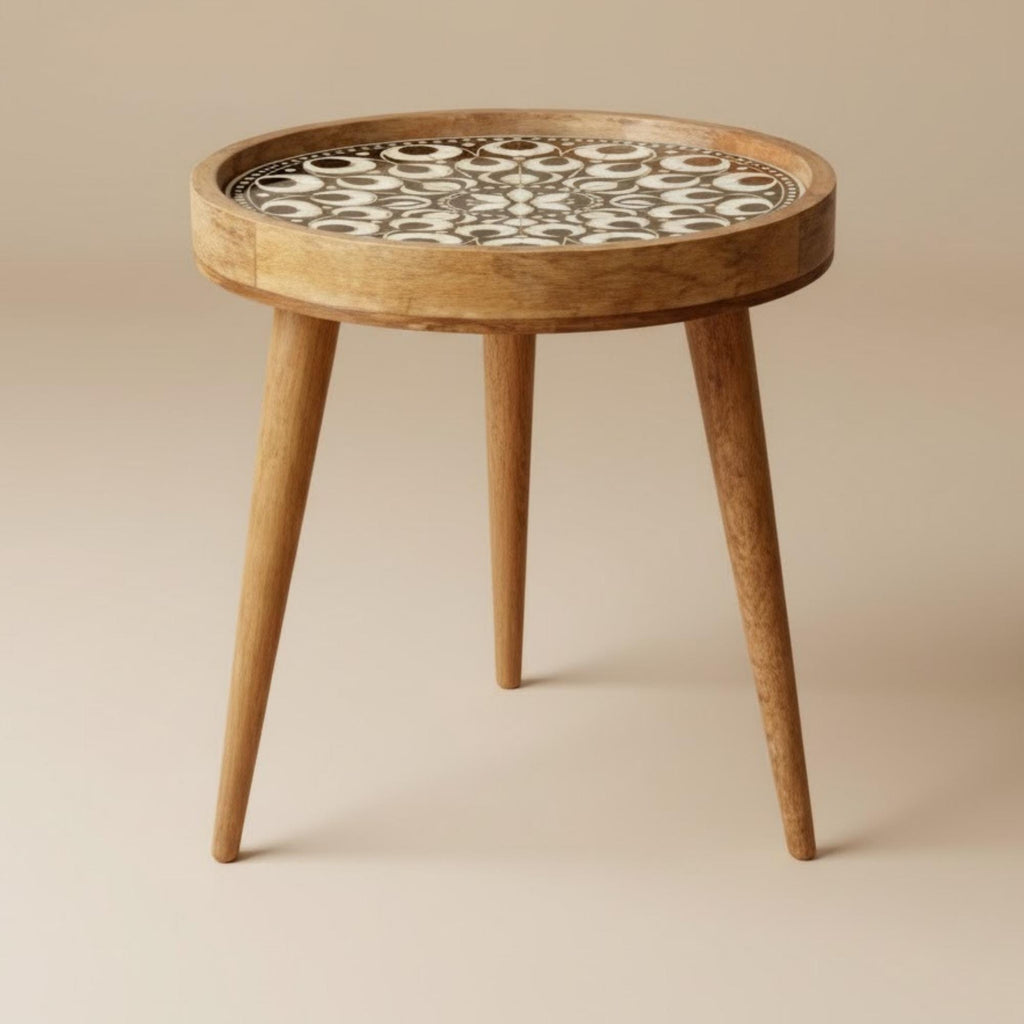 Handmade Mango Wood Side Table | Mandala Print Round Accent Table