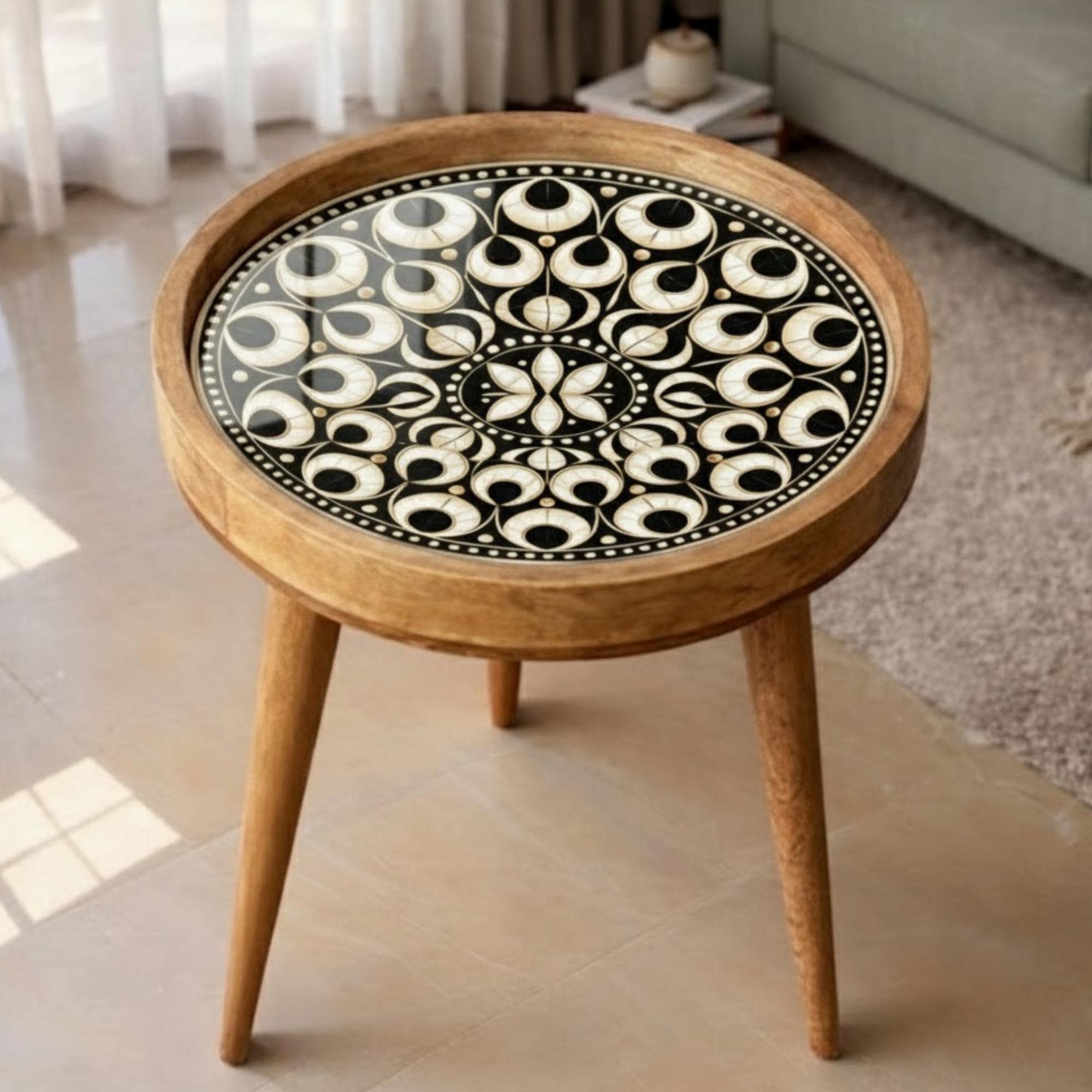 Handmade Mango Wood Side Table | Mandala Print Round Accent Table