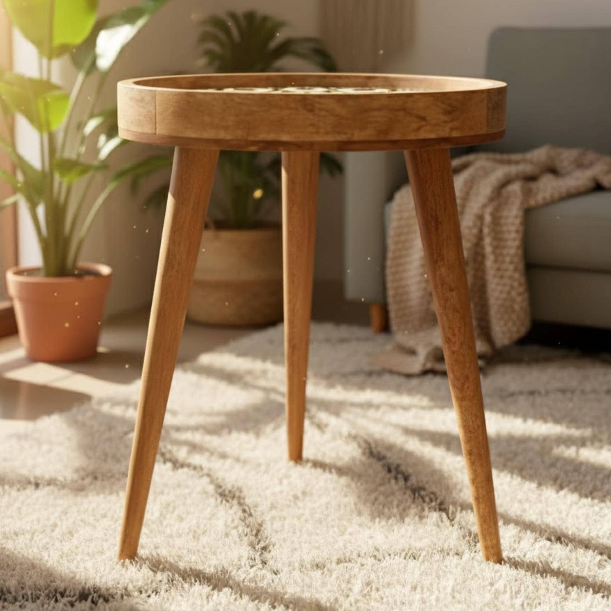 Handmade Mango Wood Side Table | Mandala Print Round Accent Table