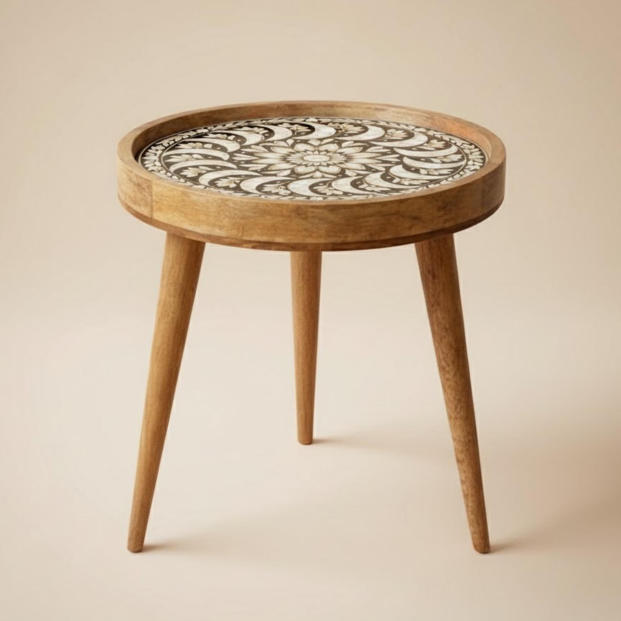 Handmade Mango Wood Side Table | Round Mandala Print Boho Accent Table