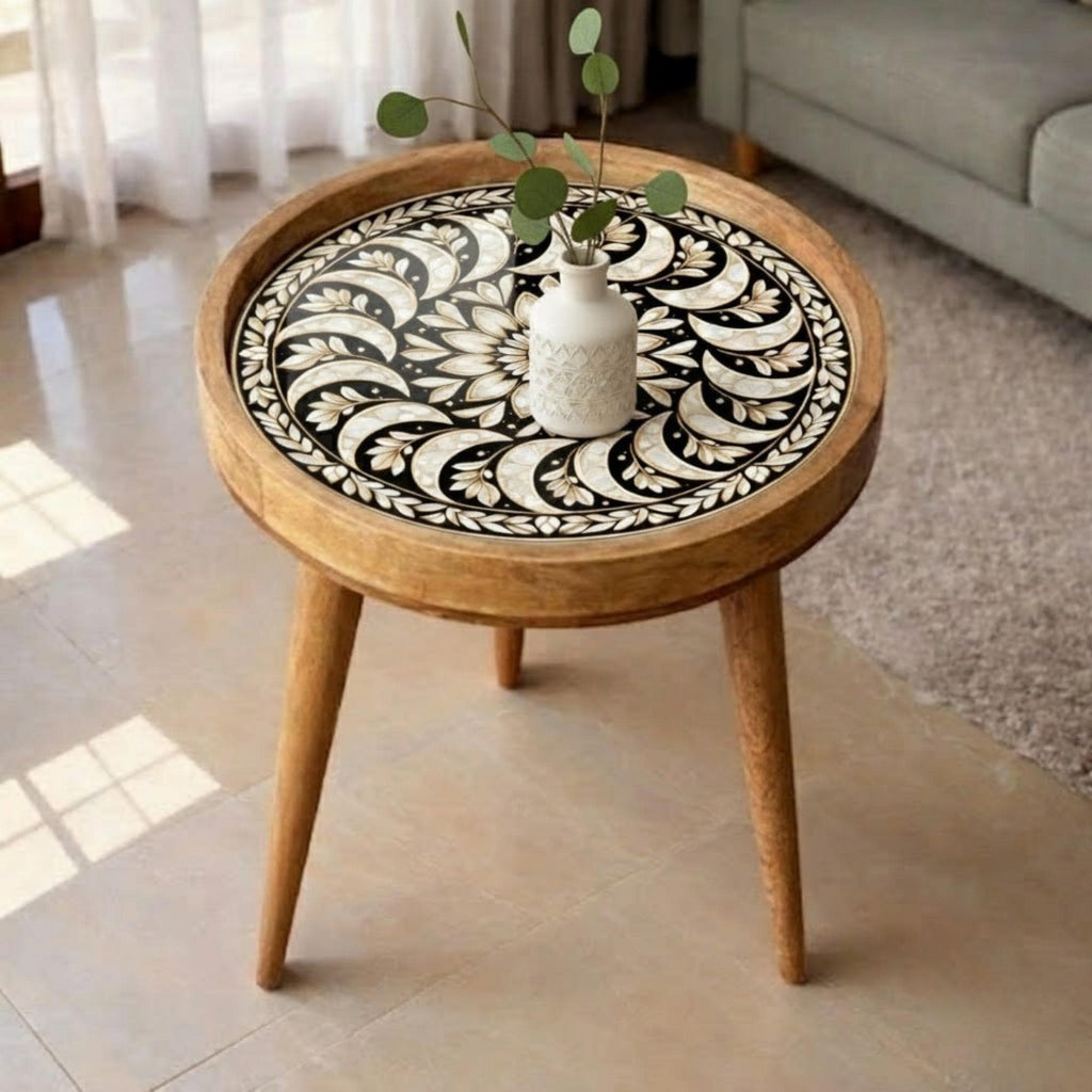 Handmade Mango Wood Side Table | Round Mandala Print Boho Accent Table