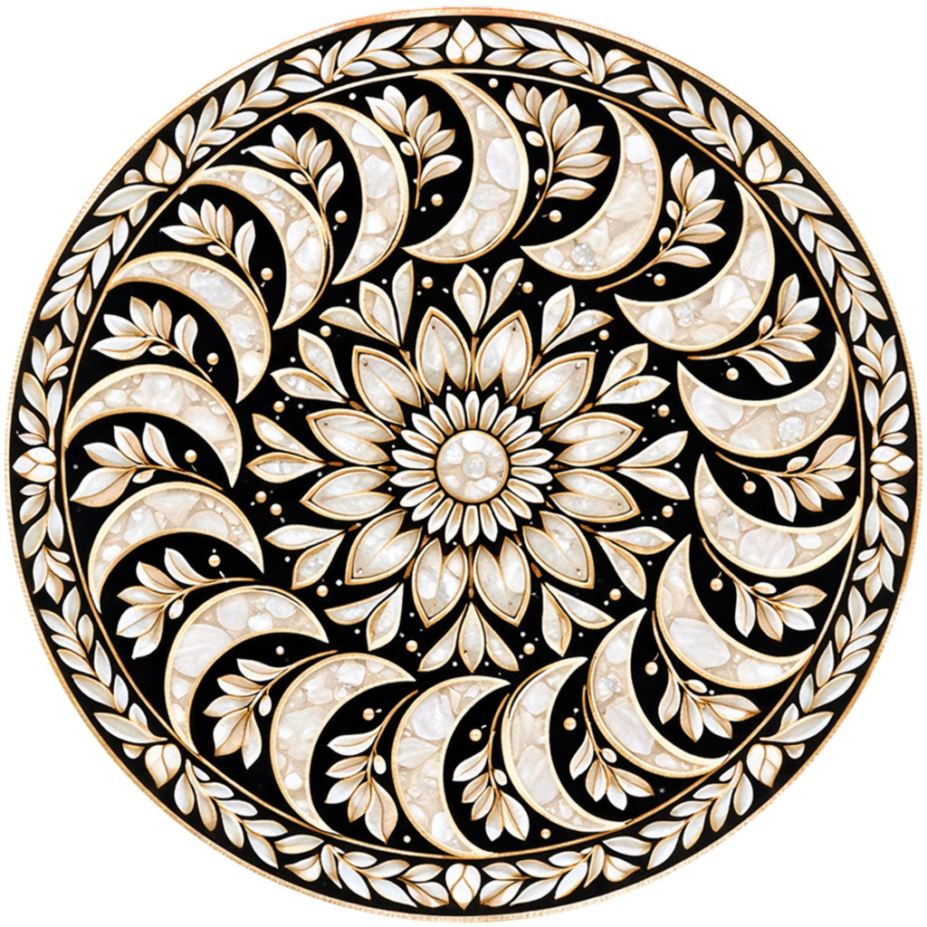 Handmade Mango Wood Side Table | Round Mandala Print Boho Accent Table
