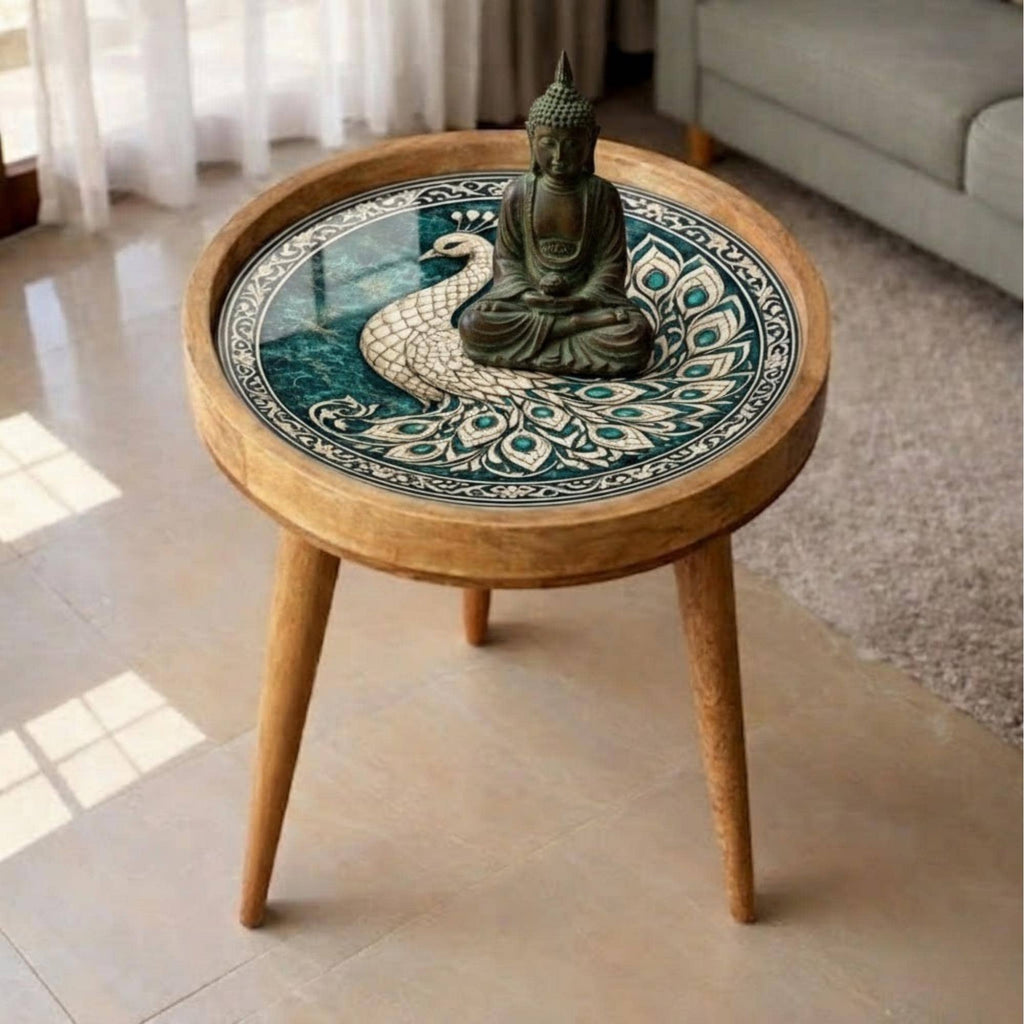 Handmade Mango Wood Side Table | Peacock Print Round Accent Table