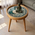 Handmade Mango Wood Side Table | Peacock Print Round Accent Table