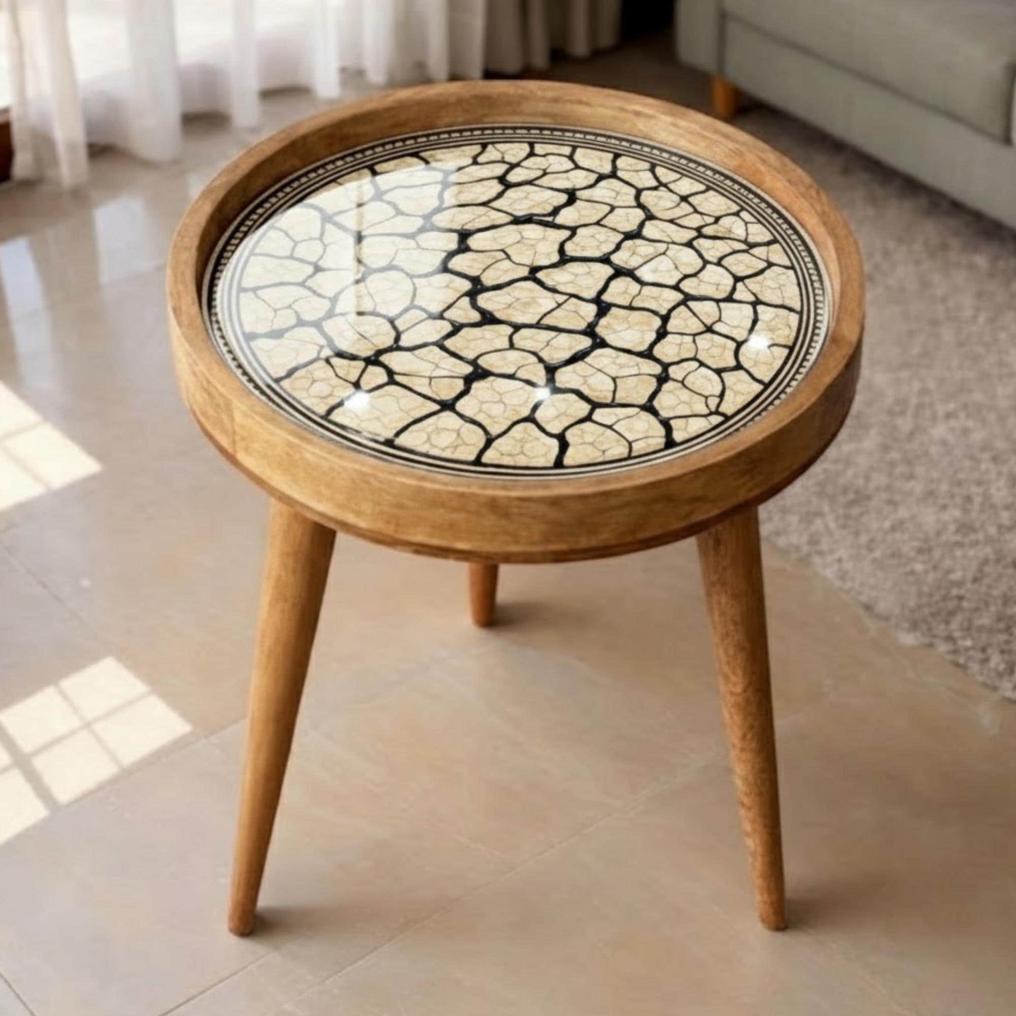 Handmade Mango Wood Side Table | Cracked Stone Print Round Accent Bedside Decor