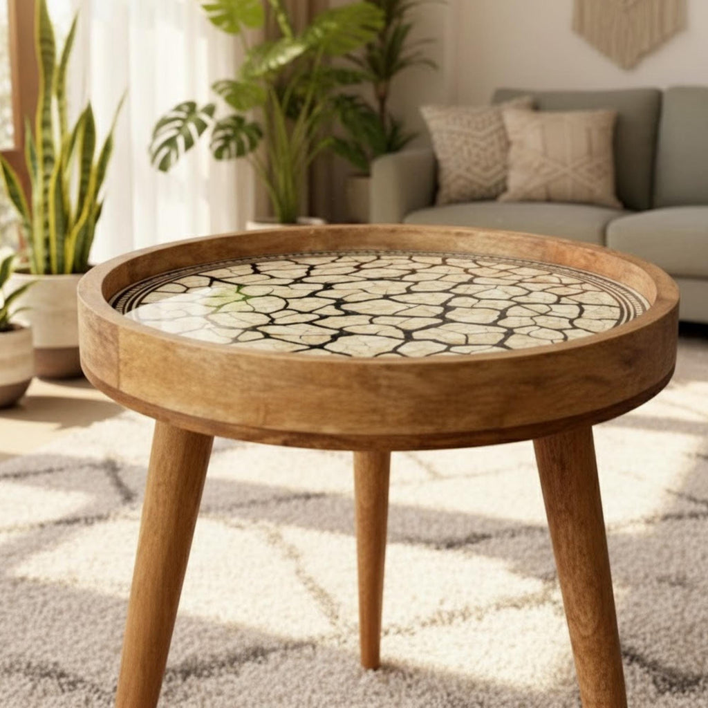 Handmade Mango Wood Side Table | Cracked Stone Print Round Accent Bedside Decor