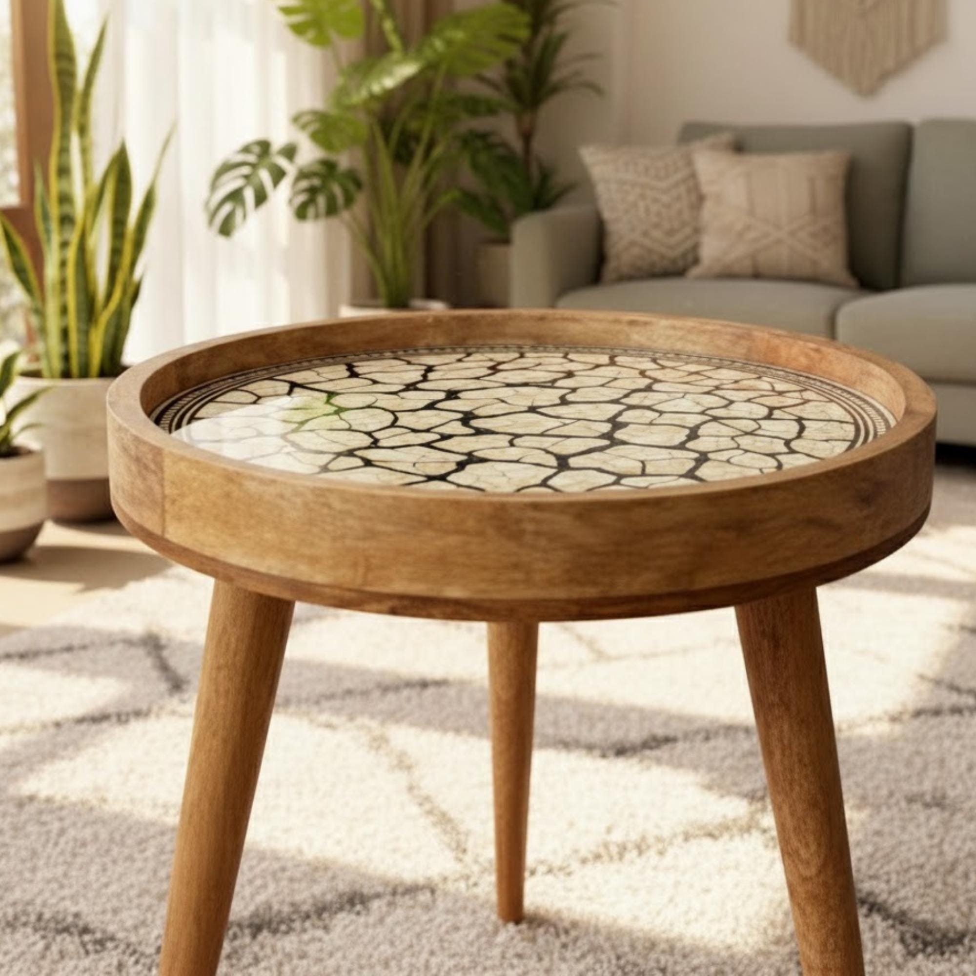 Handmade Mango Wood Side Table | Cracked Stone Print Round Accent Bedside Decor