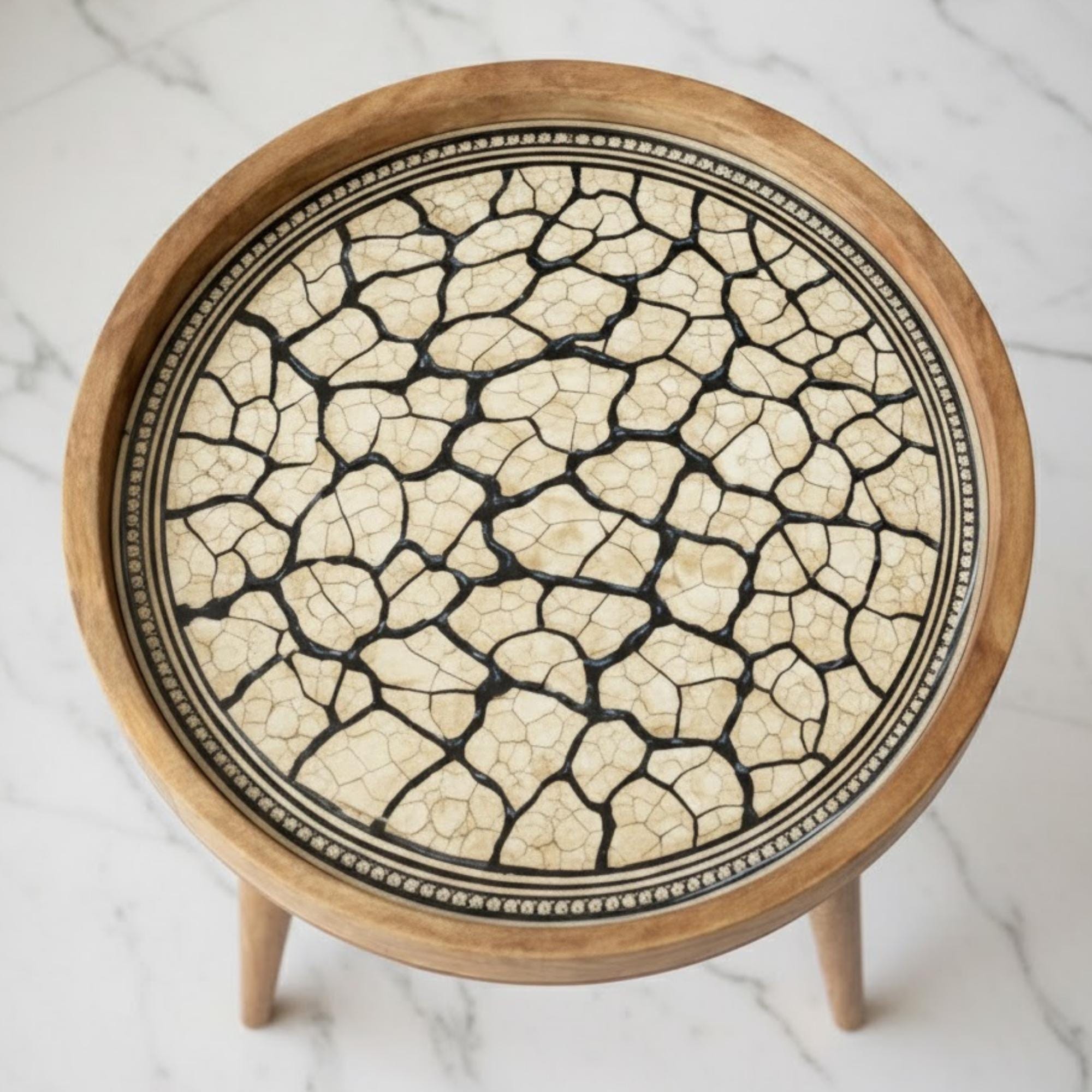 Handmade Mango Wood Side Table | Cracked Stone Print Round Accent Bedside Decor