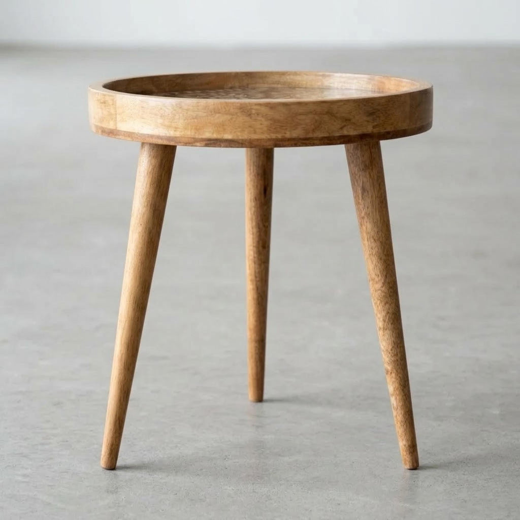 Handmade Mango Wood Side Table | Coastal Coral Print Round Accent Bedside Table