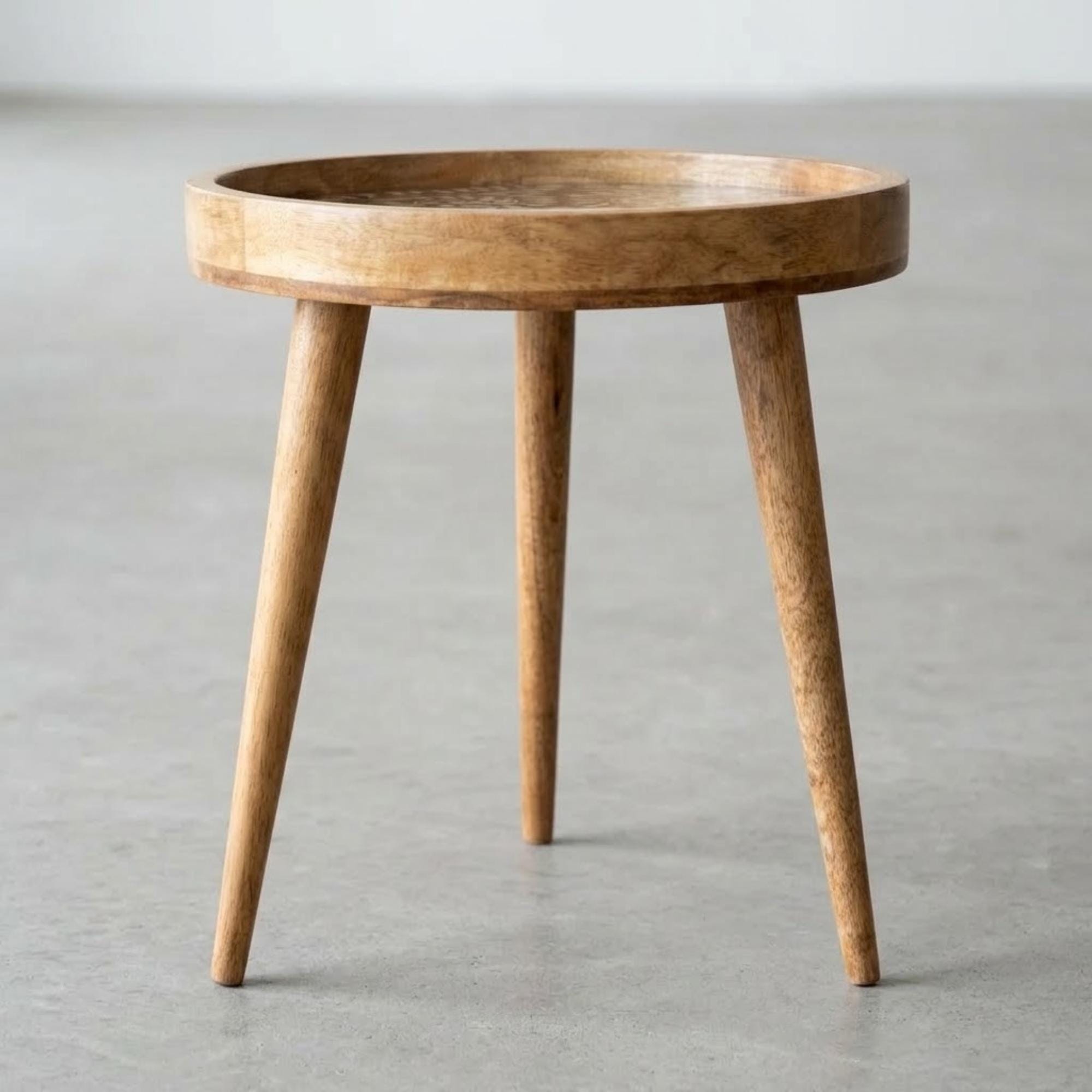 Handmade Mango Wood Side Table | Coastal Coral Print Round Accent Bedside Table