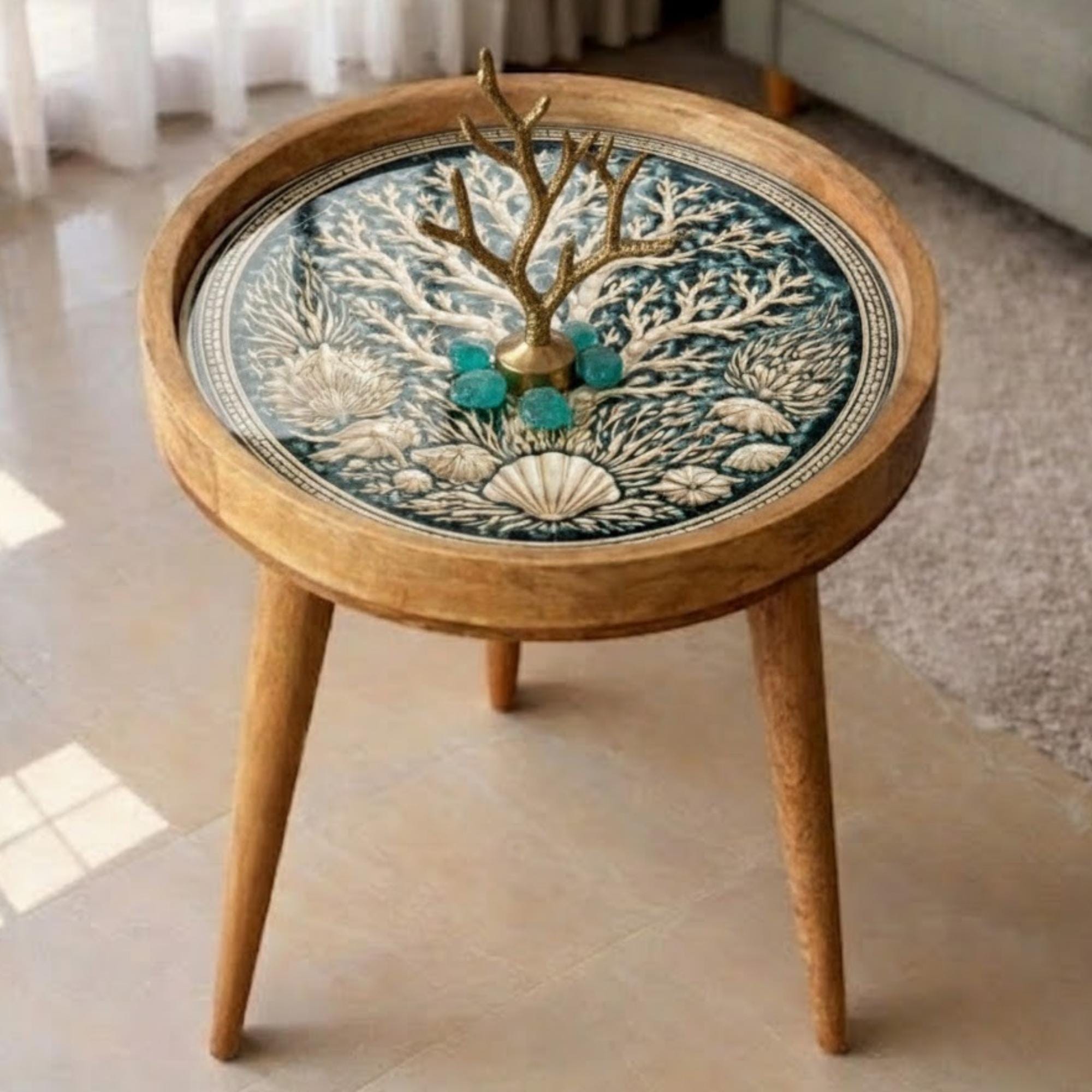 Handmade Mango Wood Side Table | Coastal Coral Print Round Accent Bedside Table