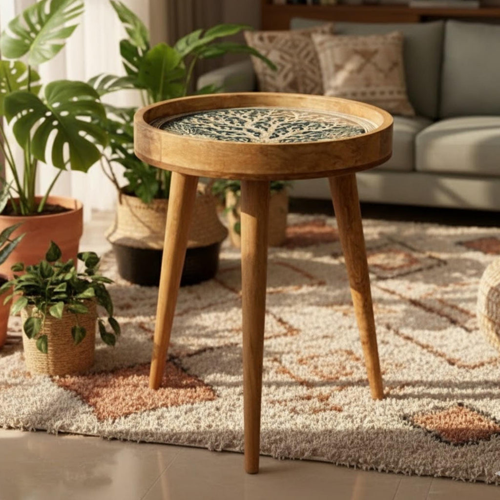 Handmade Mango Wood Side Table | Coastal Coral Print Round Accent Bedside Table