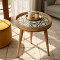 Handmade Mango Wood Side Table | Moroccan Geometric Print Boho Accent Round Table
