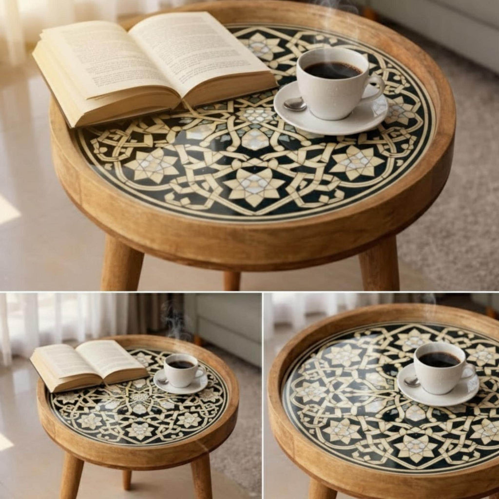Handmade Mango Wood Side Table | Moroccan Geometric Print Boho Accent Round Table