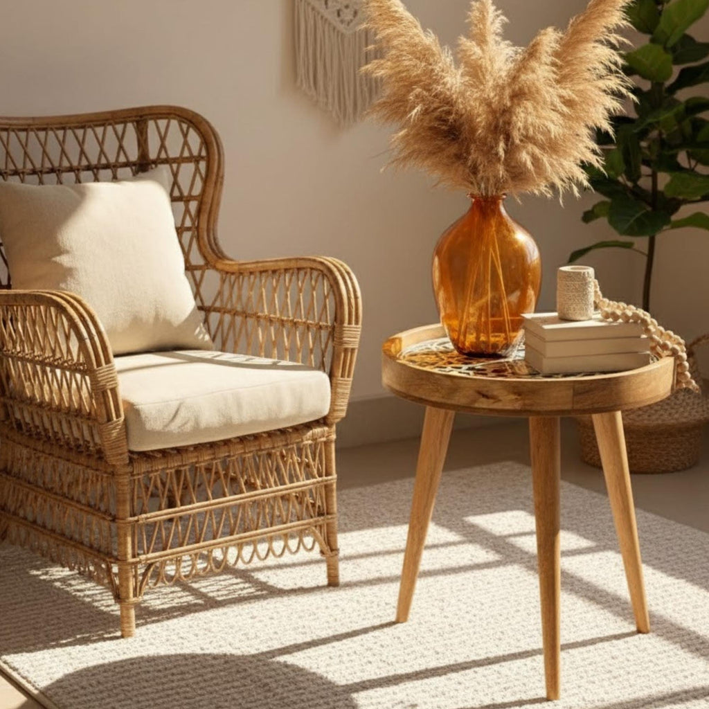 Handmade Mango Wood Side Table | Moroccan Geometric Print Boho Accent Round Table