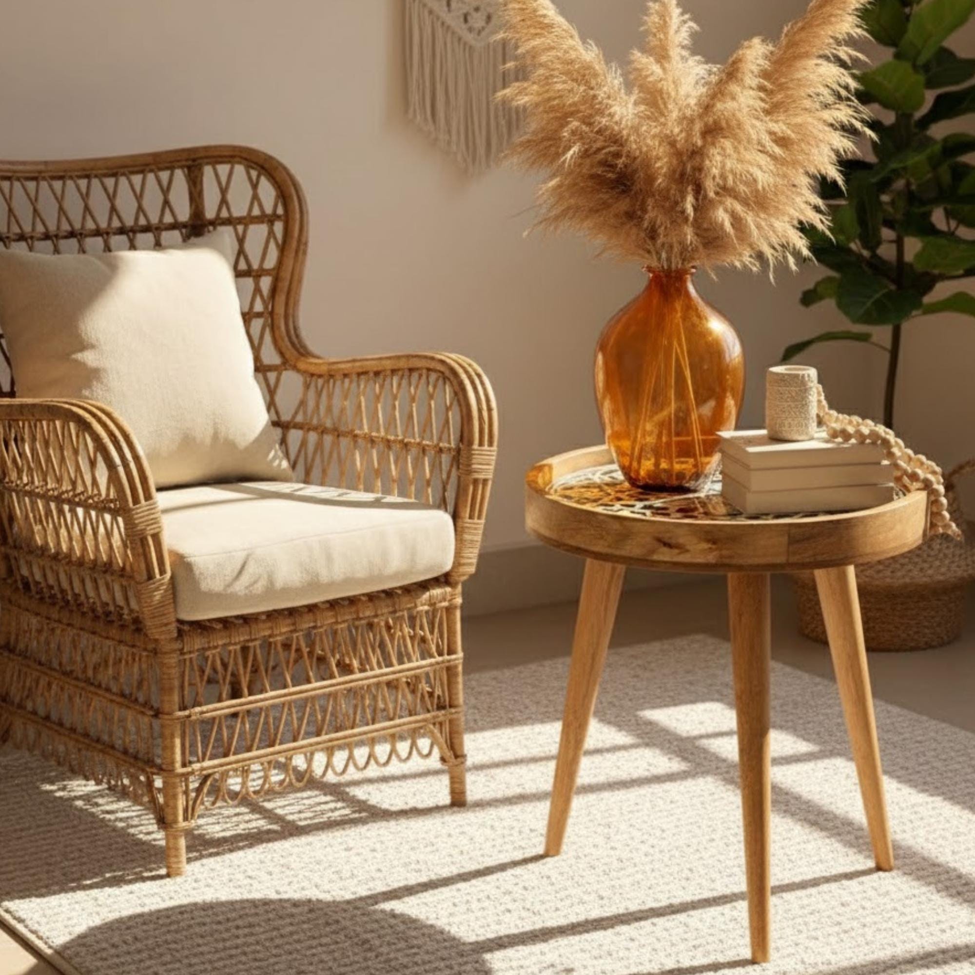 Handmade Mango Wood Side Table | Moroccan Geometric Print Boho Accent Round Table