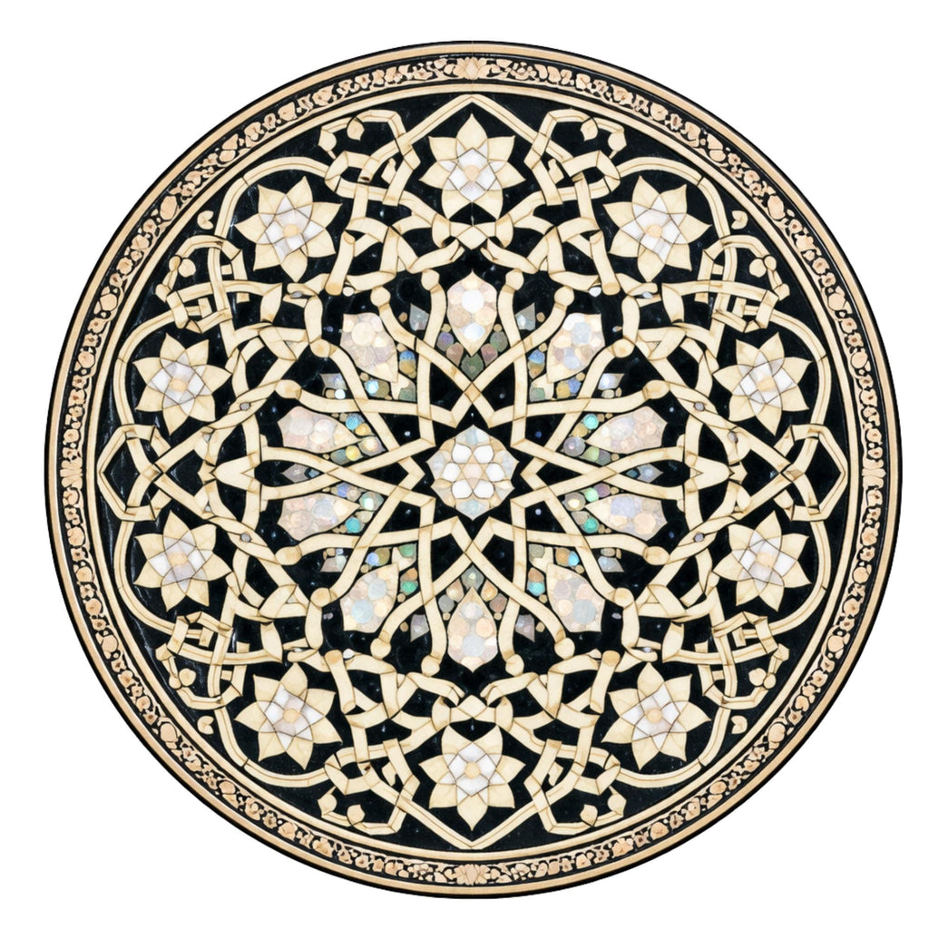 Handmade Mango Wood Side Table | Moroccan Geometric Print Boho Accent Round Table